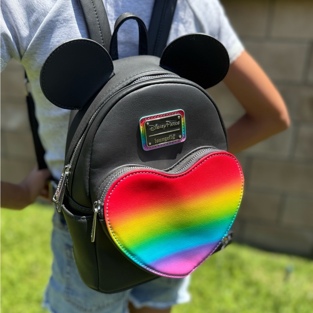 Disney Loungefly Black Backpack - PRIDE Edition. Rainbow Heart w/Mini NuiMO